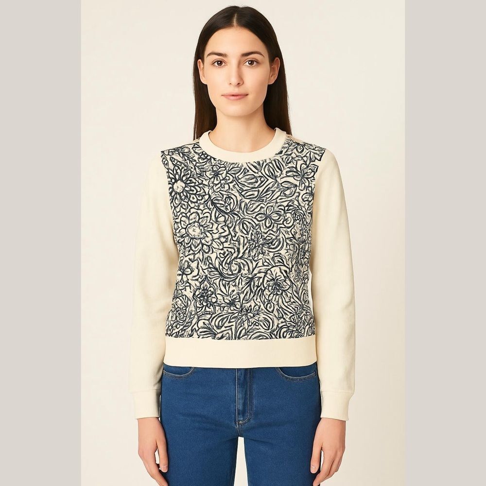 Tory Burch Embroidered Scribble Doodle Graphic Floral Sweater- Size Small